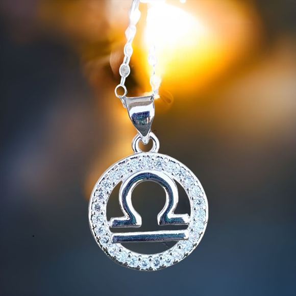 Libra Pendant Sterling Silver 925 , 14k White Gold Plated , October Zodiac - Picture 1 of 8